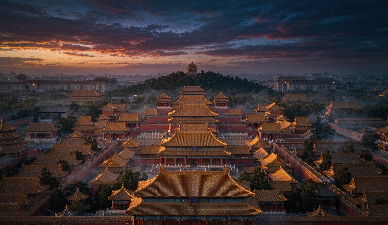 Golden roofs of the Forbidden City glowing at dusk in Beijing