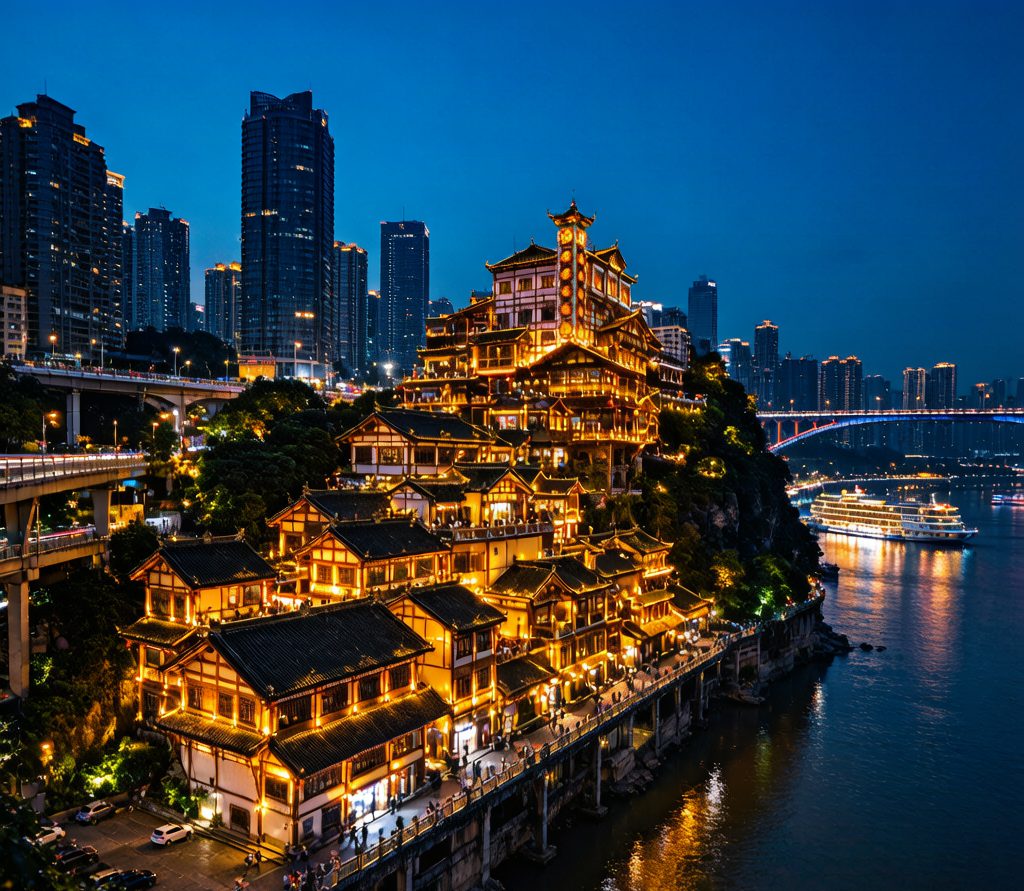 Hongyadong's golden stilt houses glowing above the river at night in Chongqing