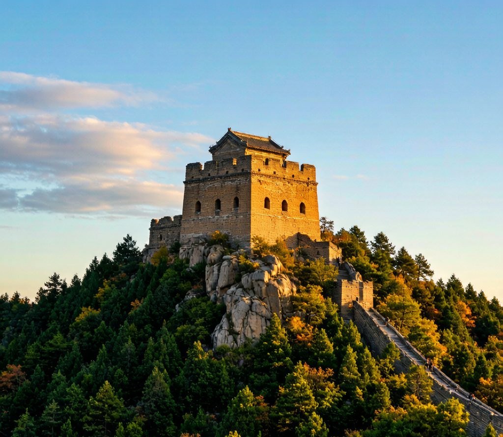 The Great Wall of China on a forested ridge in autumn