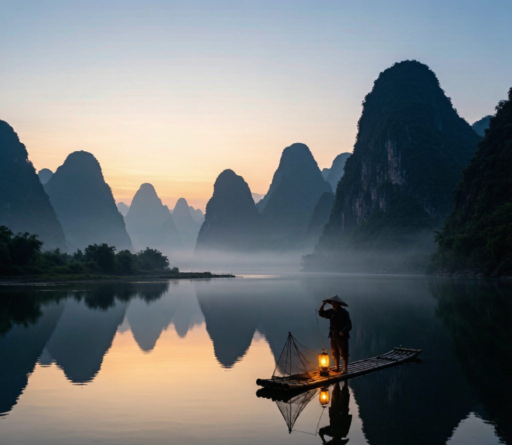 Karst mountains and a cormorant fisherman on the Li River at dawn