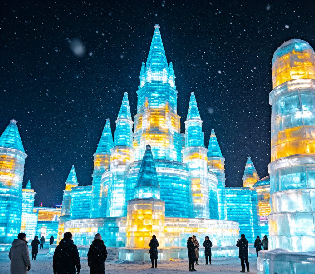 Glowing ice castles at Harbin Ice and Snow World