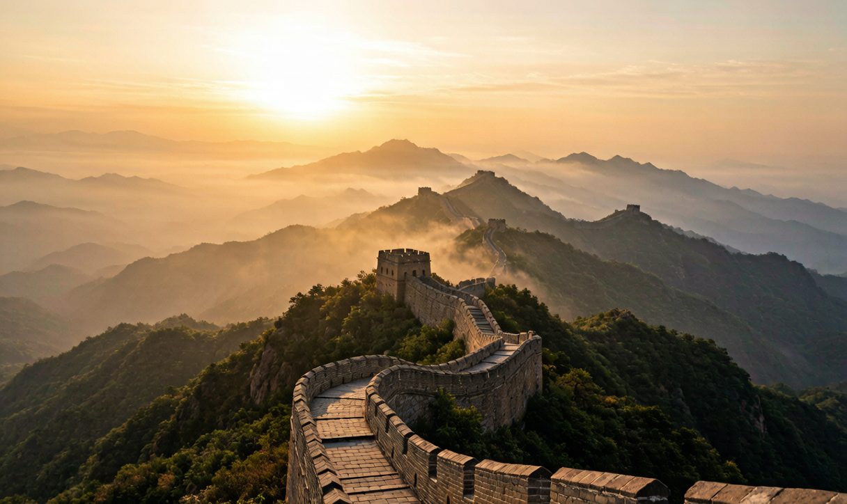 The Great Wall of China winding over misty mountains at sunrise