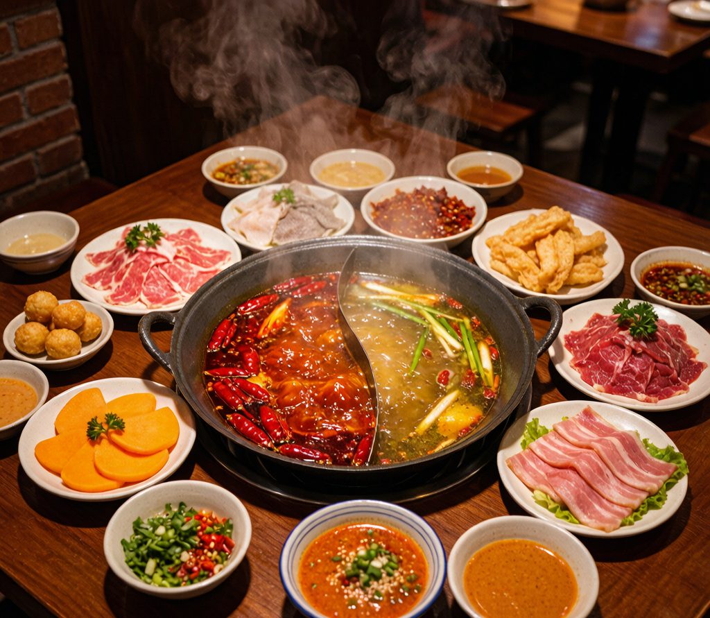 Sichuan hotpot with red chili broth on a restaurant table