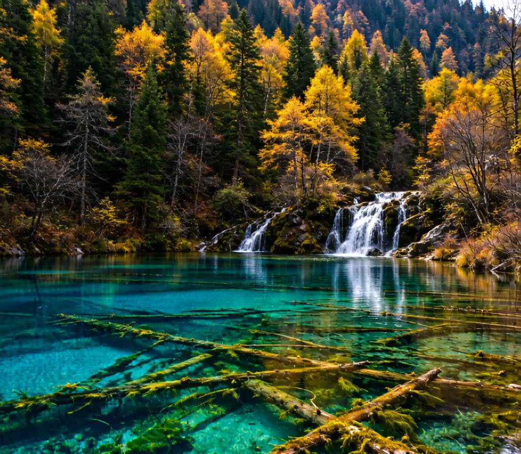 Turquoise lake and waterfalls of Jiuzhaigou in autumn