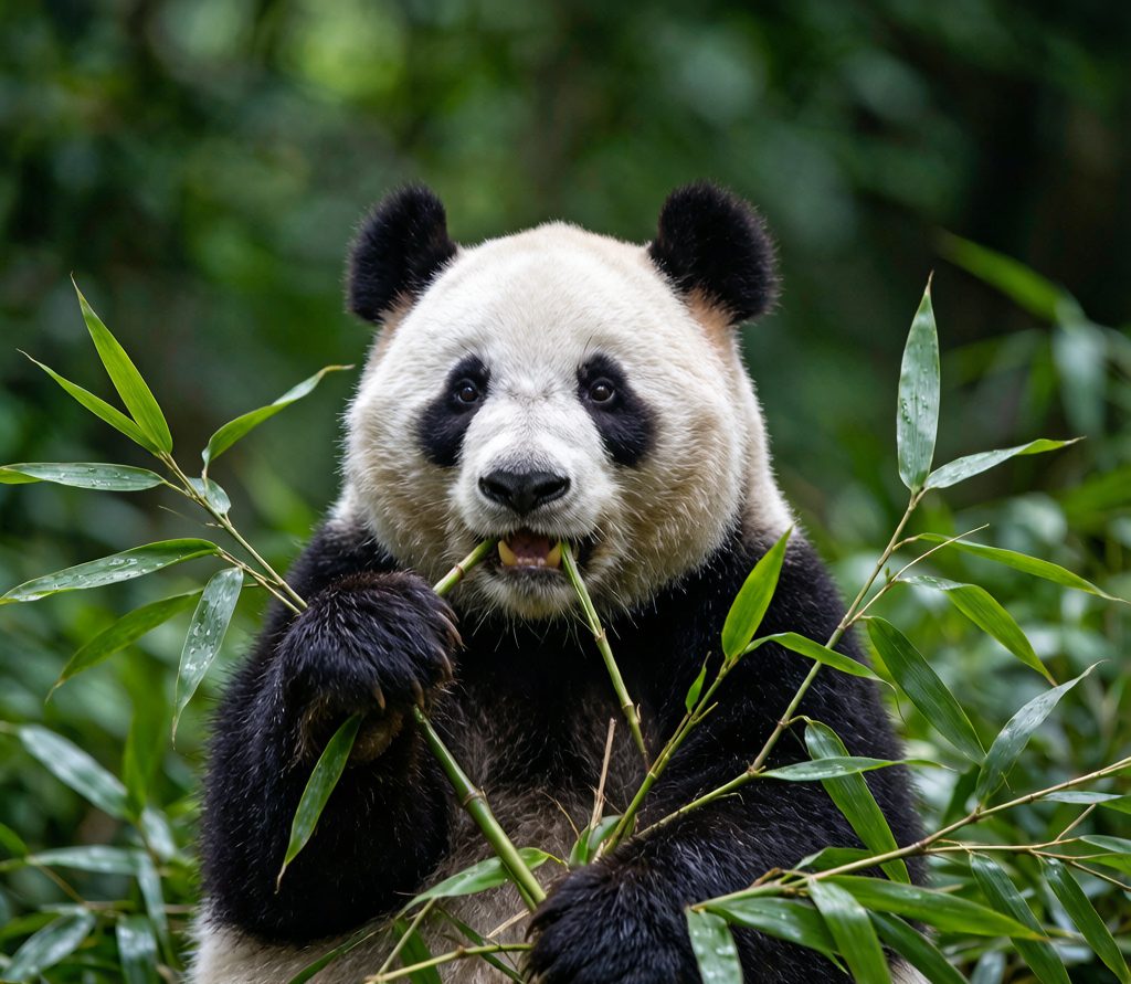 A giant panda eating bamboo in a forest near Chengdu