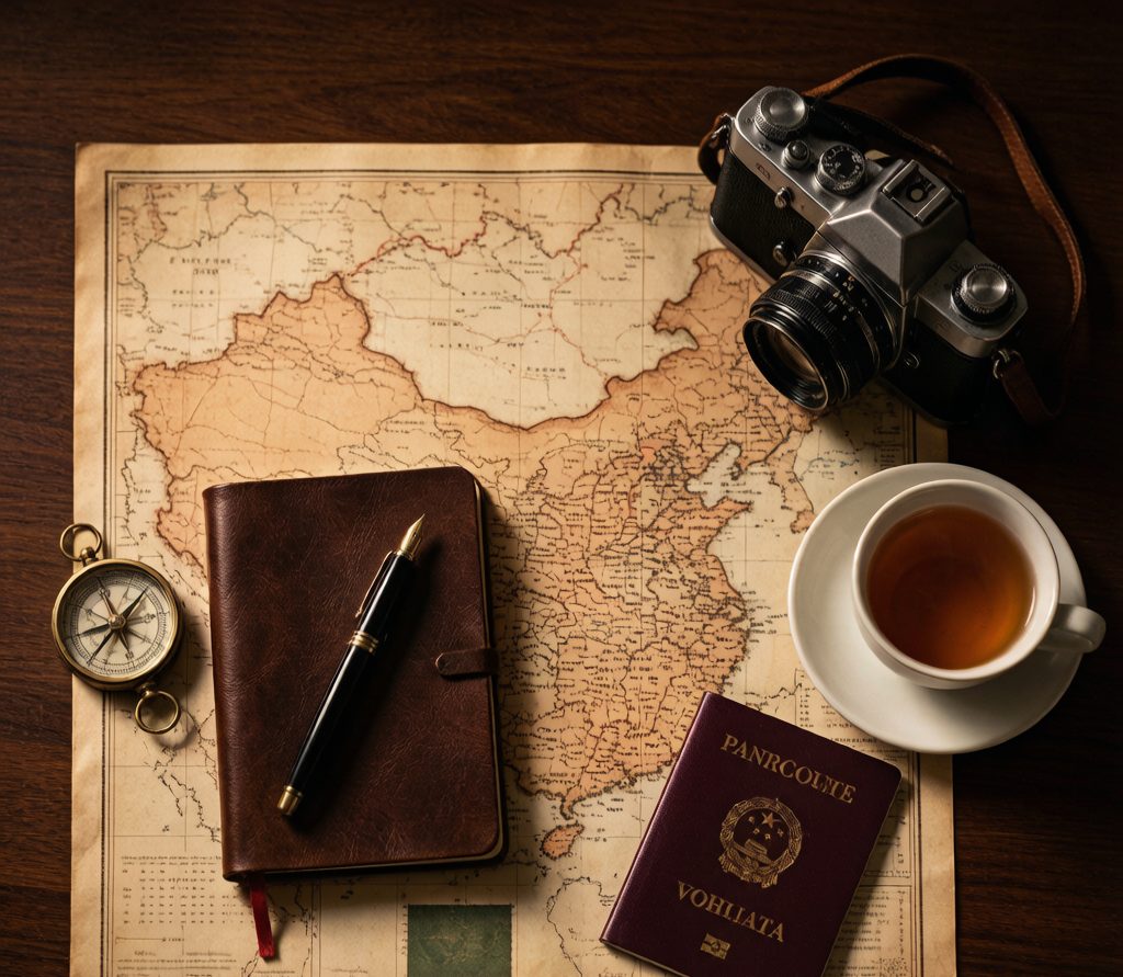 A travel planning desk with a map of China, notebook, passport and camera