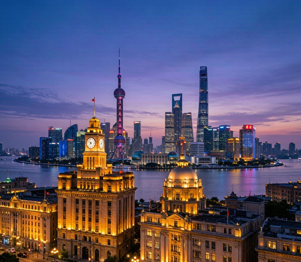 The Bund waterfront and Lujiazui skyline at dusk in Shanghai