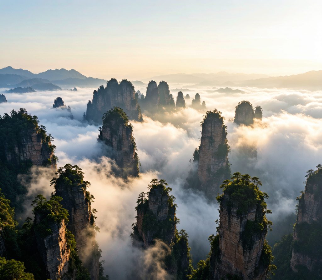 Towering sandstone pillars of Zhangjiajie rising from clouds